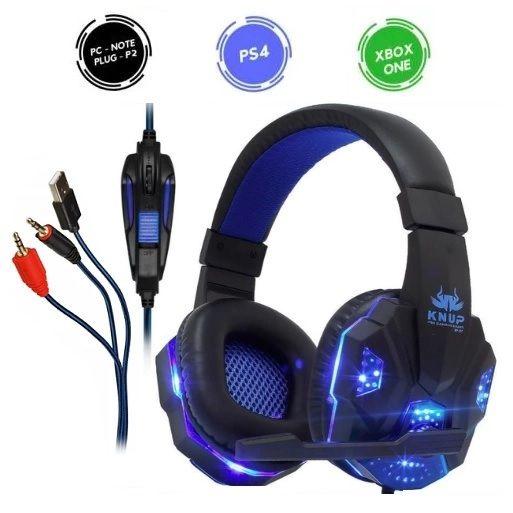 Headset Fone Gamer Knup Modelo Com Microfone Azul Kp-397