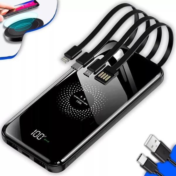 Carregador 10000mah Com 4 Cabos E Carregamento Sem Fio led