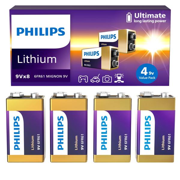 Bateria PHILIPS 9V de Lítio Pacote com 4 Unidades de Longa Duração