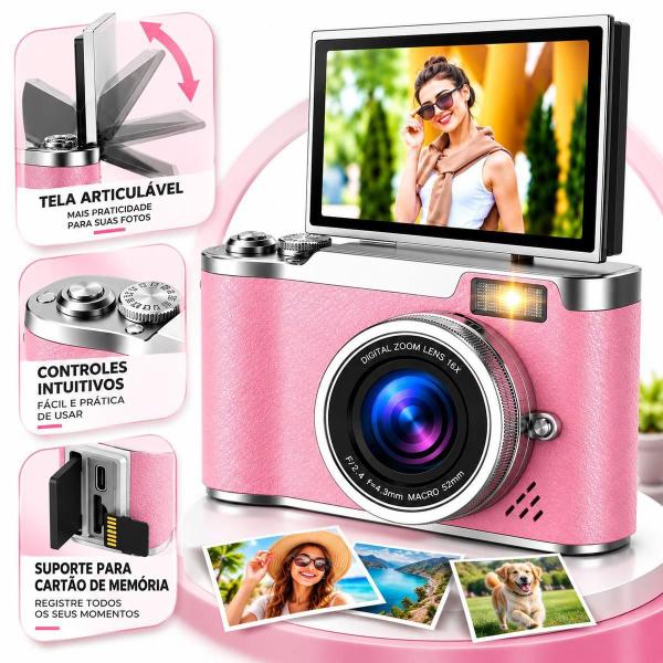 Câmera Fotográfica 48MP com Tela Flip Flash e Zoom Digital Cor:Rosa