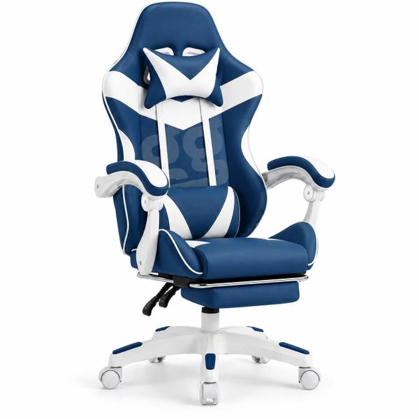 Cadeira Gamer Azul Reclinável Ergonômica 130kg Com Almofadas para Cabeça e Lombar e Altura Ajustável