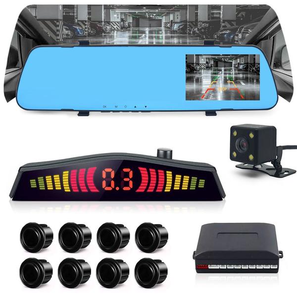 Kit Retrovisor C/ Tela + Câmera Ré + Sensor 8 Pontos Preto Spin 2011 2012 2013 2014 Buzzer Linhas Referência