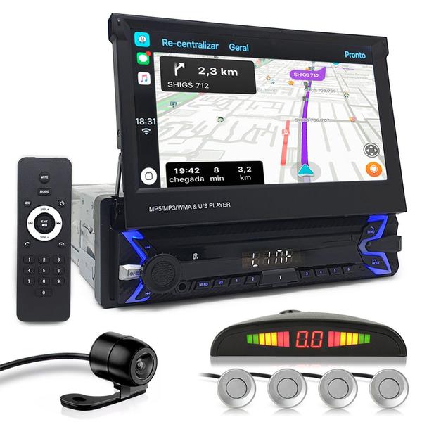 Kit Multimídia Tela Retrátil + Câmera Ré + Sensor Ré Prata Prisma 2013 2014 2015 2016 Espelhamento Carplay