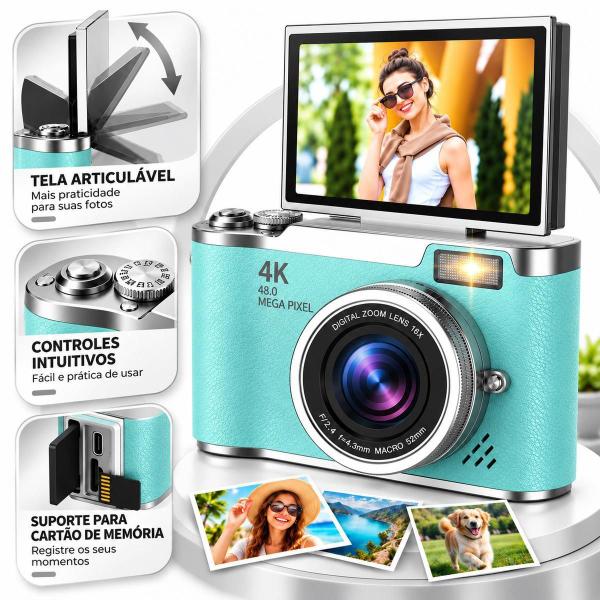 Câmera Fotográfica Digital 48MP 4K para Fotos Vídeos e Viagens: VERDE