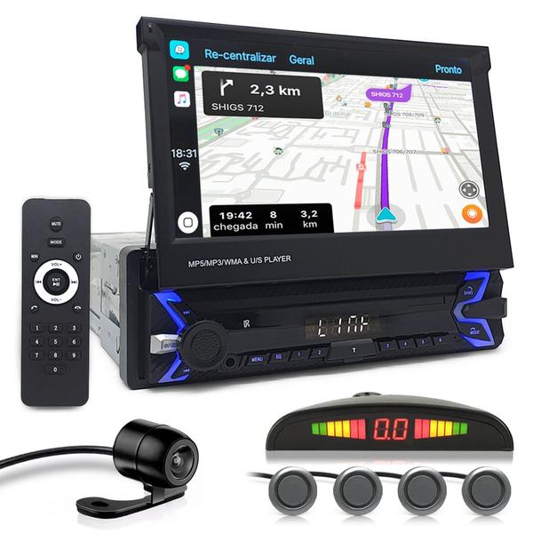 Kit Multimídia Tela Retrátil + Câmera Ré + Sensor Ré Grafite 500 2013 2014 2015 2016 Espelhamento Android Auto