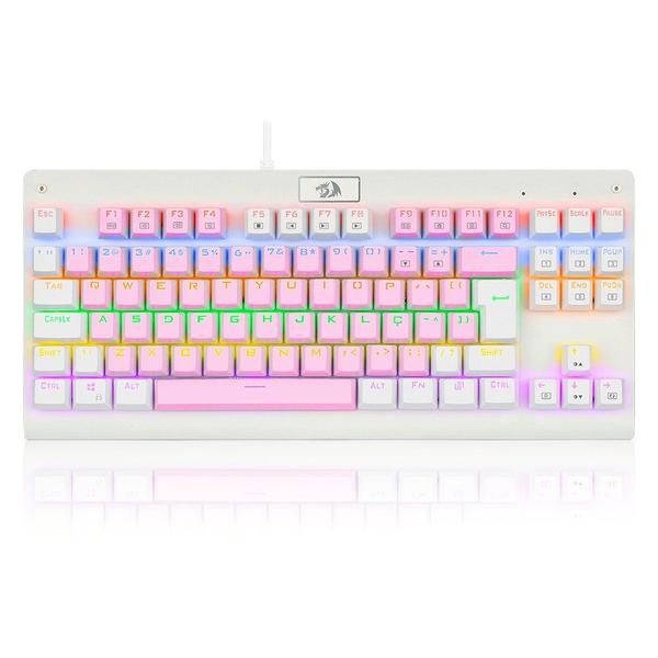 Teclado Mecânico Gamer Redragon Dark Avenger, Rainbow, Switch Brown, ABNT2, TKL, Rosa e Branco