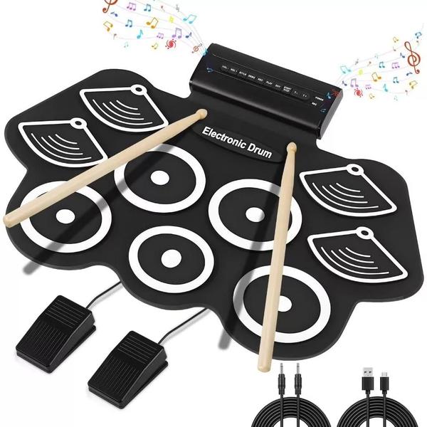 Bateria Elêtronica Musical Silicone Digital 9 Pads 2 Pedais Baquetas em dobrável EMTS309 EXBOM