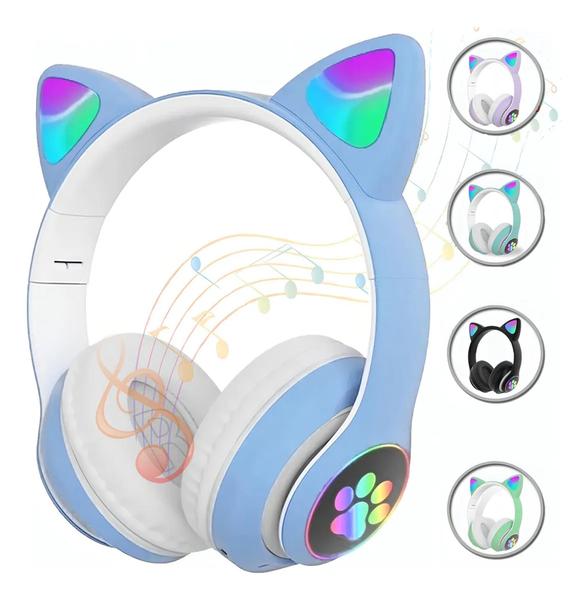 Fone De Ouvido Bluetooth Gatinho Com Led- Wireless Cat Headset -Cor: Azul