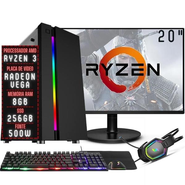 PC Gamer Completo 3green Force AMD Ryzen 3 8GB DDR4 Placa de vídeo Radeon VEGA SSD 256GB Monitor 20" 75Hz Fonte 500W 3GFO-017