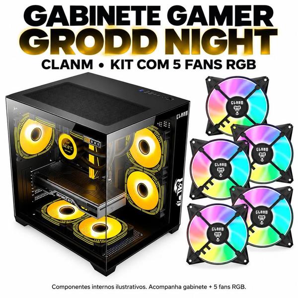 Gabinete Gamer CLANM Grodd Night 5 Fans RGB Mid Tower Preto