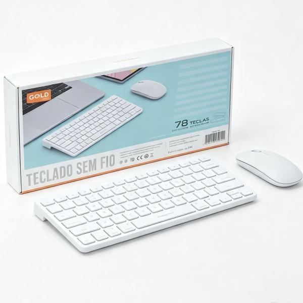 Kit Teclado e Mouse Sem Fio OL Gold Branco