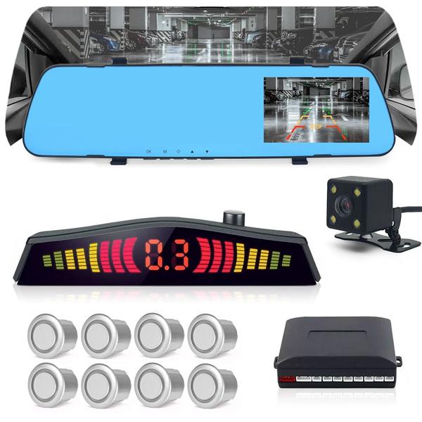 Kit Retrovisor C/ Tela + Câmera Ré + Sensor 8 Pontos Prata S10 2014 2015 2016 Estacionamento Aviso Sonoro