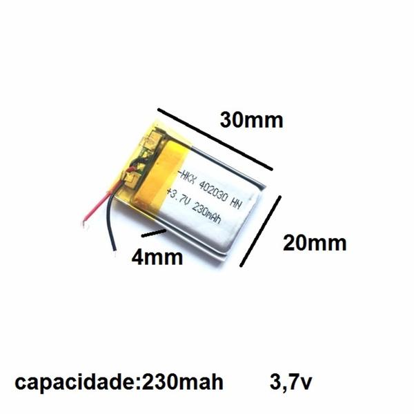Bateria 402030 com 230mah 4mmx20mmx30mm 2 fios 3,7v