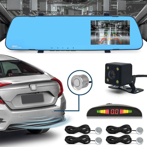 Kit Retrovisor C/ Tela + Câmera + Sensor Ré Prata Cromado Cromo Renault Clio 2009 2010 2011 2012 Espelho Visor Estacionamento