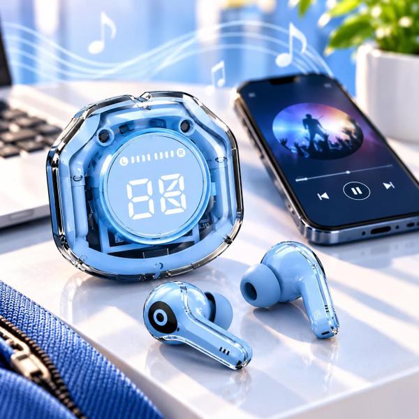 Fone de Ouvido Bluetooth Sem Fio com Estojo de Carregamento e Display Digital