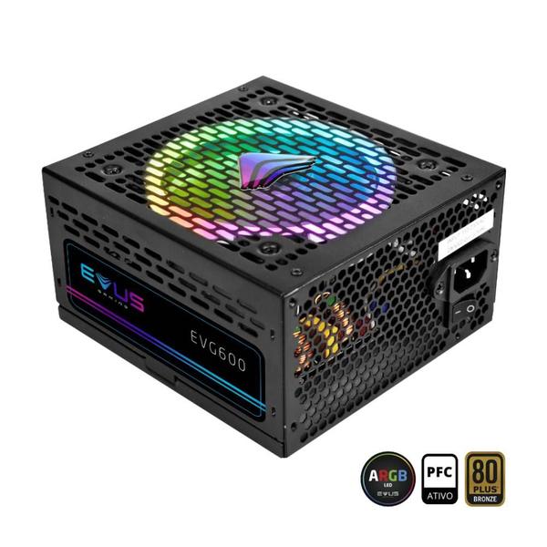Fonte atx gamer evus evg600 argb 600w 80 plus bronze