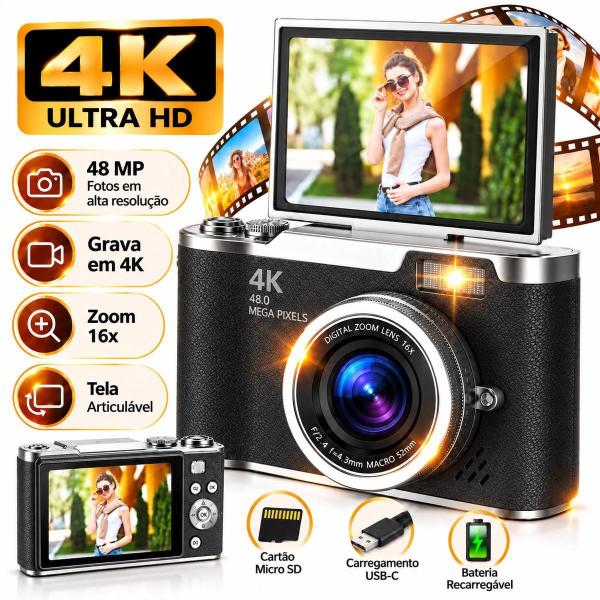 Câmera Fotográfica Digital 48MP com Tela Flip para Selfie: Cor Preta