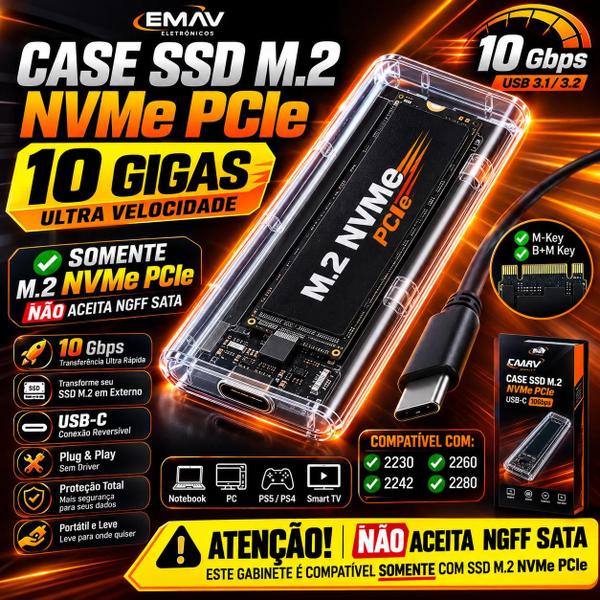 Case Adaptador Externo SSD M.2 NVMe PCIe MKey USBC 10Gbps Transparente Alta Velocidade
