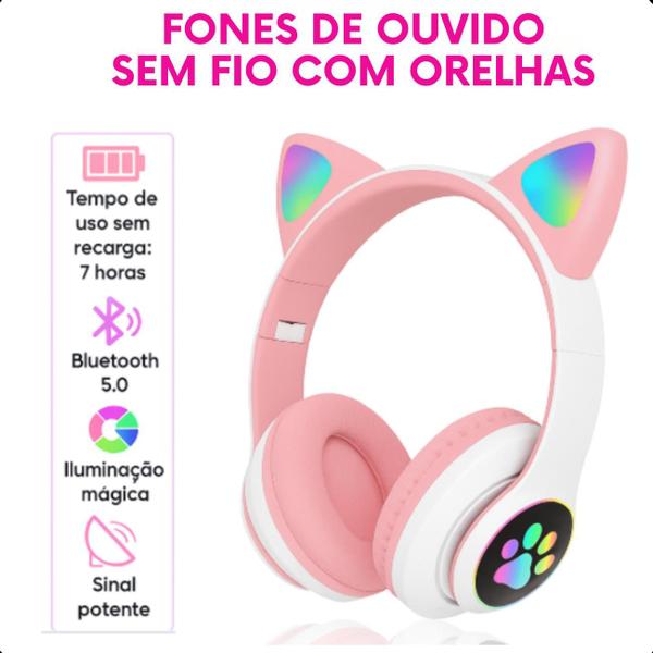 Fone de Ouvido Infantil Rosa Bluetooth com Som Claro e Luz LED de Alta Qualidade