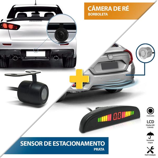 Kit Sensor de Ré Prata + Câmera de Ré Traseira Fiat Stilo 2007 2008 2009 2010 2011 Estacionamento Aviso Sonoro