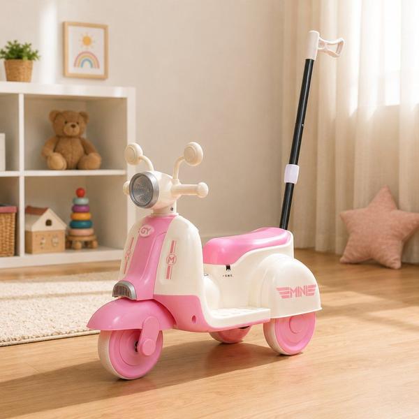 Moto Elétrica Infantil Scooter com Empurrador LED UNITOYS Rosa