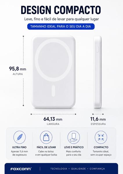 Power Bank Magnético por indução 10000mAh Compatível com MagSafe para iPhone 12 13 14 15 16 17 Carregador Portátil Sem Fio