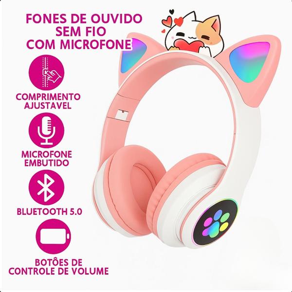 Fone de Ouvido Infantil Bluetooth Rosa com Som Claro e Luz LED Colorida