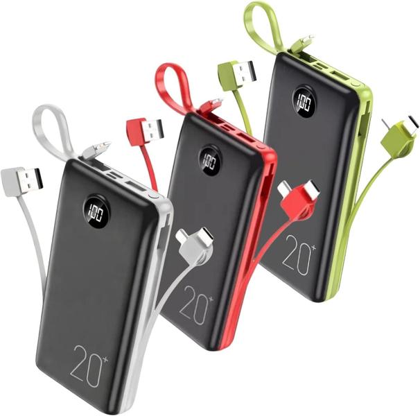 Power Bank 20.000mAh com Cabos Integrados Carga Rápida USBC Lightning Display Digital