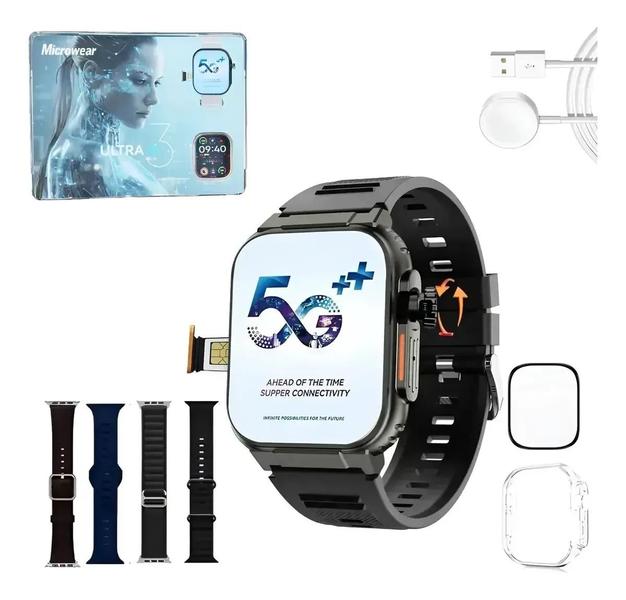 Smartwatch Microwear Ultra 3 Ai 5G 16GB AMOLED Android 9, Câmera, Chip, WiFi e 4 Pulseiras