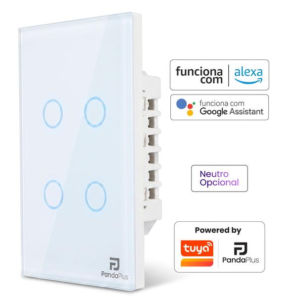 Interruptor Inteligente Sem Fio Neutro 1, 2, 3 ou 4 Botões Touch Panda Plus Smart Wifi App Alexa Google Home Tuya Smart Life Automação Bivolt