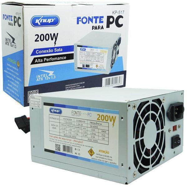 Fonte Pc Atx 200W Reais Real Silenciosa com Cabo de Força Nova Knup KP-517 Cinza Bivolt