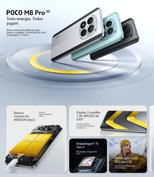 Celular Poco M8 Pro 8GB 256GB Smartphone Tela 6.67 Câmera Traseira 108MP Bateria 5000mAh Android 12
