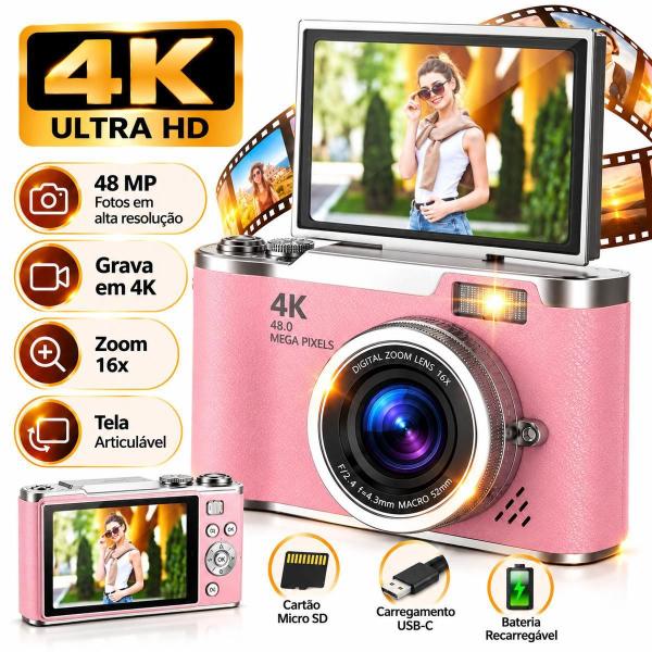 Câmera Digital 4K para Selfie com Tela Flip e Zoom 8X Cor:Rosa