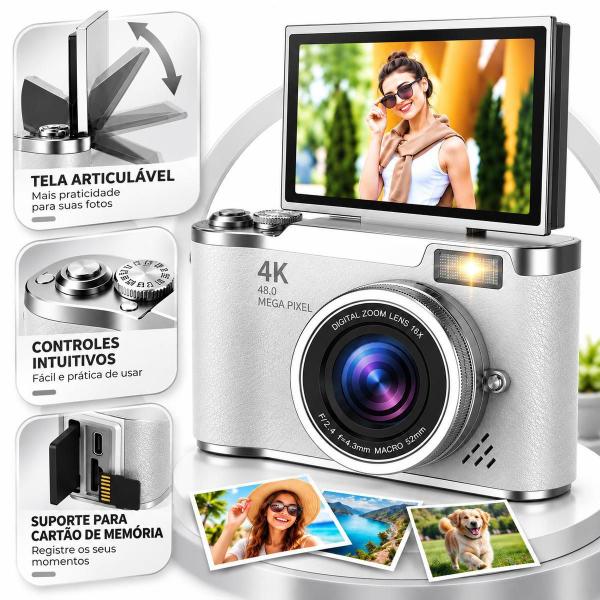Câmera Fotográfica Digital 48MP 4K para Fotos Vídeos e Viagens Cor:Branco