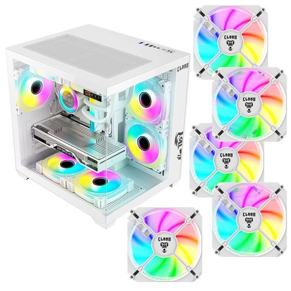 Gabinete Gamer CLANM Grodd Snow Branco Mid Tower Vidro com 5 Fans RGB