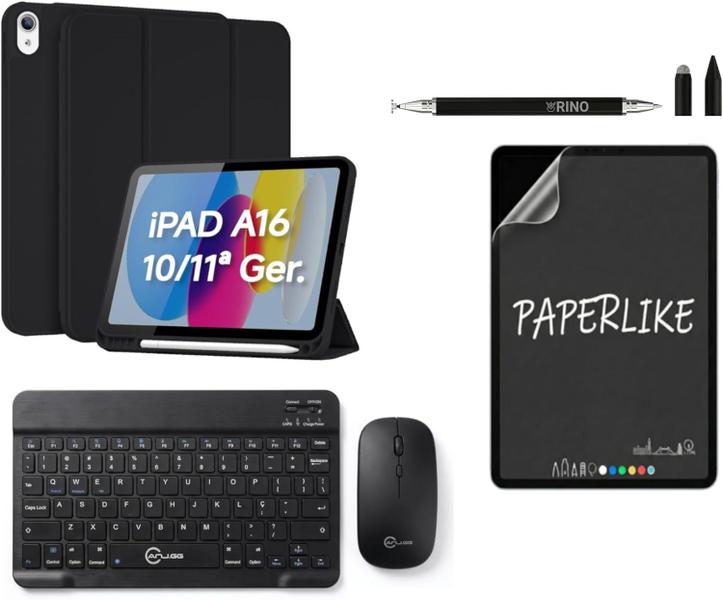 Kit Capa Pasta Premium Compatível com iPad 10 Ger 10.9 e 11 Ger 11 Pol Teclado Sem Fio Recarregável e Mouse Porta Caneta