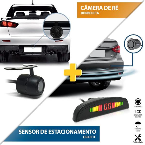 Kit Sensor de Ré Cinza + Câmera Traseira Ford Fiesta 1997 1998 2007 2008 2009 2010 Buzzer Linhas Grade Referência Chumbo Grafite