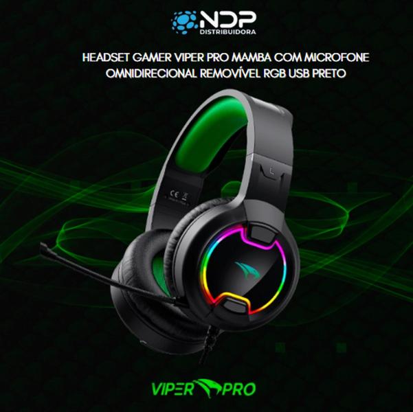 Fone de ouvido Gamer Viper Pro Mamba com Microfone Omnidirecional removível RGB USB Preto