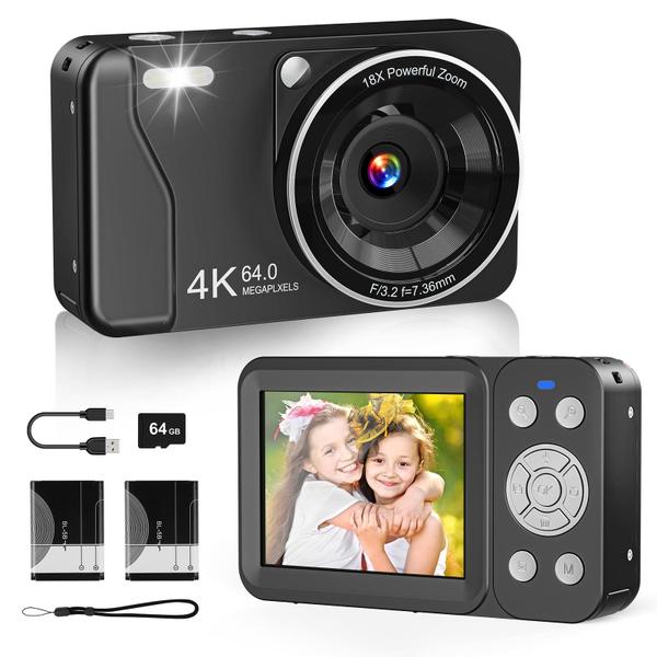 Câmera digital HSZTJJYP 4K 64MP 18X Zoom com 64 GB SD e 2 baterias