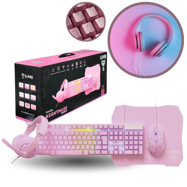 Kit Gamer Nightmare Candy Clanm Rosa Mouse Fone Teclado Mousepad