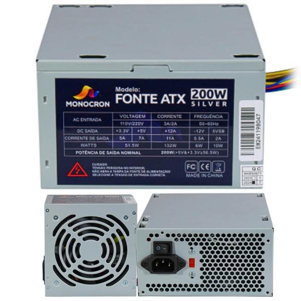 Fonte Monocron Office Silver 200W ATX Operação Silenciosa Com 5 Conectores Tipo Não Modular Bivolt 110-220