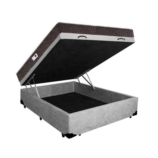 Cama Box Baú Casal Colchão Espuma D45 Bordado + Box Suede Cinza Serra Negra 62x138x188