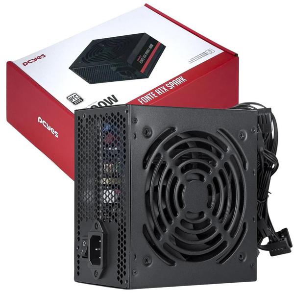 Fonte Pcyes Spark 600W ATX Para Pc Gamer Com 5 Cabos Conectores 110V/230V Com Proteção Contra Sobrecarga Fan Silenciosa Pfc Ativo