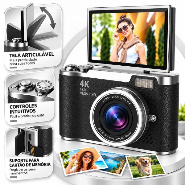 Câmera Digital com Tela Articulável 4K Zoom 8X e Flash: Cor Preta
