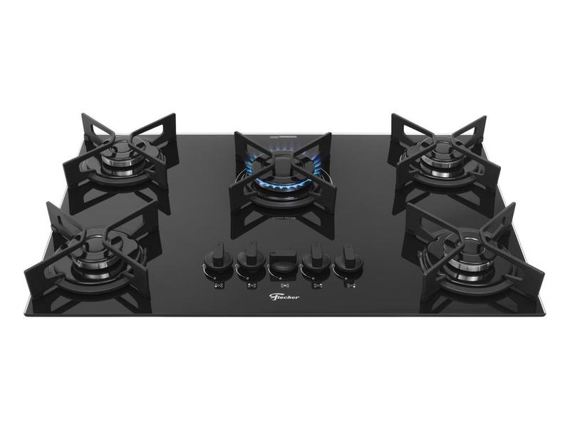 Cooktop Fischer 5 Bocas Fit Line Gás Mesa Vidro Preto - Trempe Iron