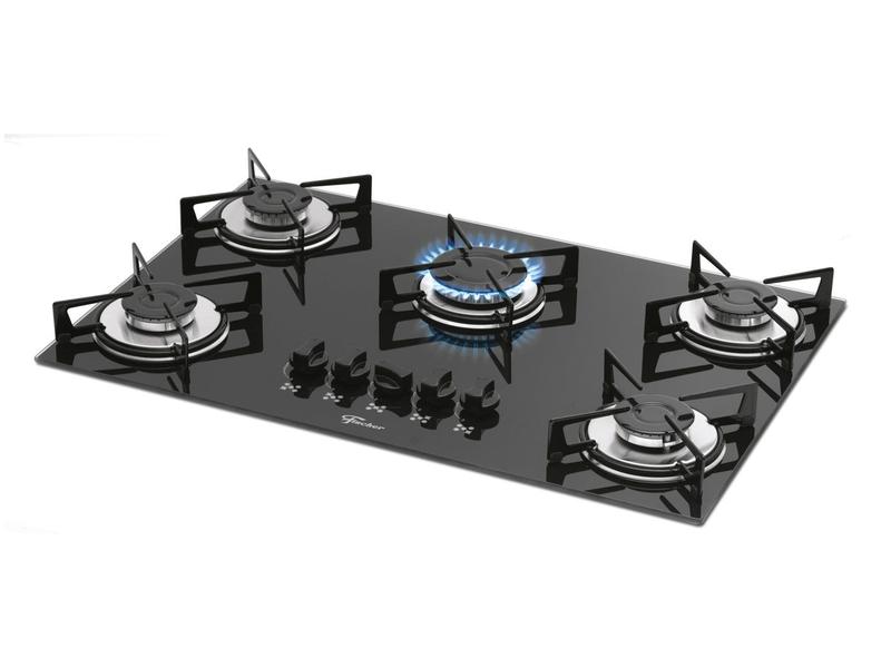 Cooktop a Gás Fischer 5 Bocas com Mesa de Vidro Preto Bivolt