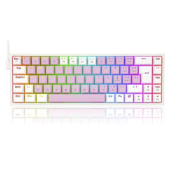 Teclado mecanico gamer castor rgb switch brown redragon k631pw-rgb rosa com branco