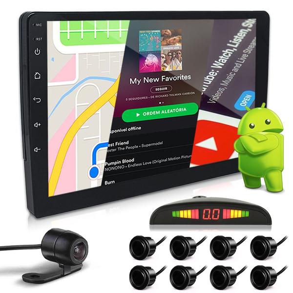 Kit Multimídia 9 Polegadas Android + Câmera Ré + Sensor 8 Pontos Preto Spin 2011 2012 2013 2014 USB Bluetooth