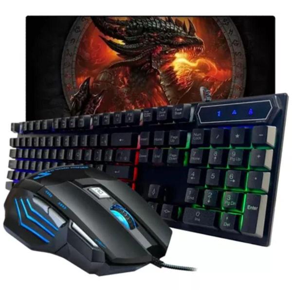 Kit Gamer Teclado Semi Mecânico e Mouse RGB LED Preto USB 1,5M