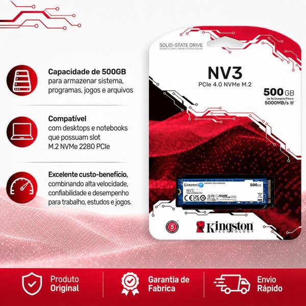 Kingston SSD NVMe M.2 NV3 500GB para PC e Notebook com Alta Velocidade